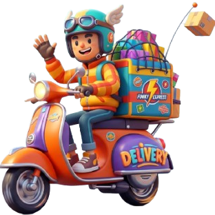 Character on a scooter with colorful design and 'Deliver' text